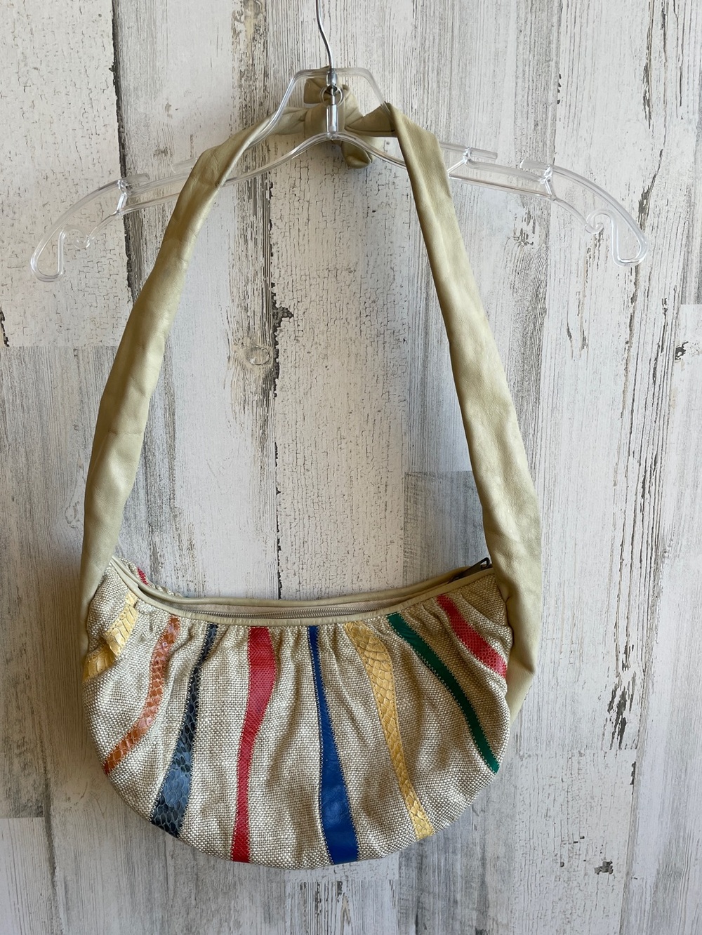 Vintage Multicolor Stripe Crescent Shoulder Bag Leather Strap Snakeskin Accents